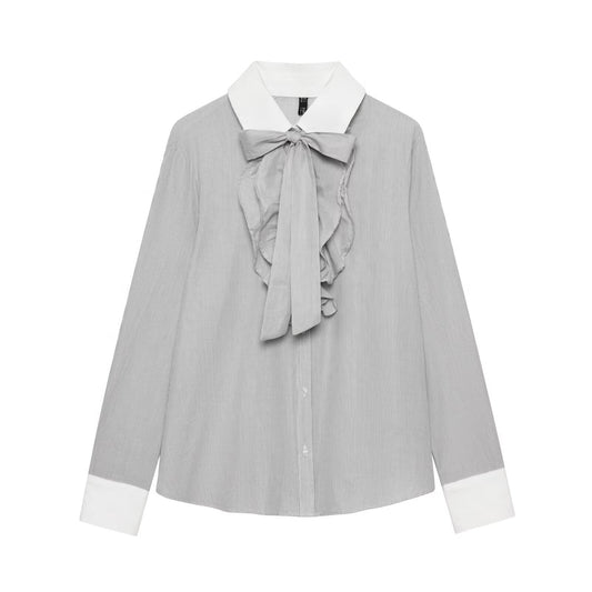 Women Clothing Western Bow Decoration Striped Stitching Shirt