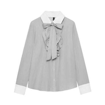 Women Clothing Western Bow Decoration Striped Stitching Shirt
