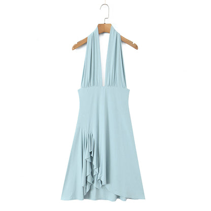 Women Summer Hem Irregular Asymmetric Backless Hanging Collar Dress