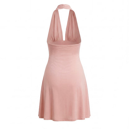Women Summer Hem Irregular Asymmetric Backless Hanging Collar Dress