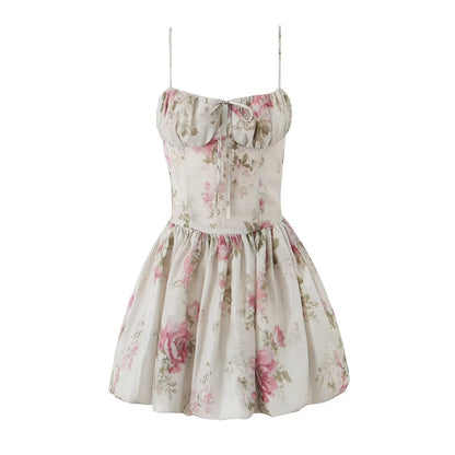French Floral Strap Dress for Women Summer Sexy Holiday Slim Fit Slimming Cinched Short Dress