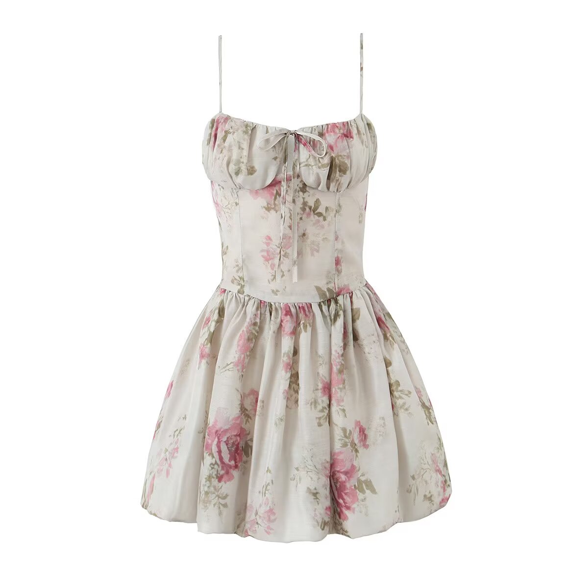 French Floral Strap Dress for Women Summer Sexy Holiday Slim Fit Slimming Cinched Short Dress