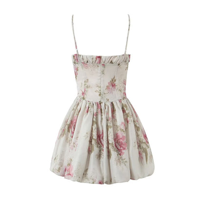 French Floral Strap Dress for Women Summer Sexy Holiday Slim Fit Slimming Cinched Short Dress