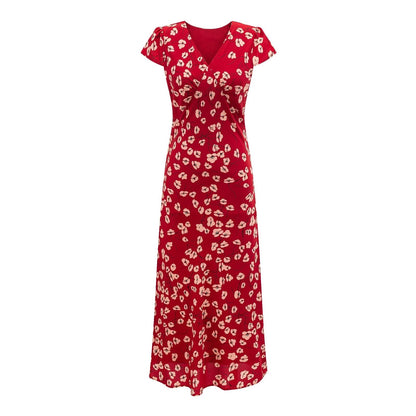 Vacation V neck Short Sleeved Red Dress Summer Waist Controlled Lace up Slim Elegant Floral Dress