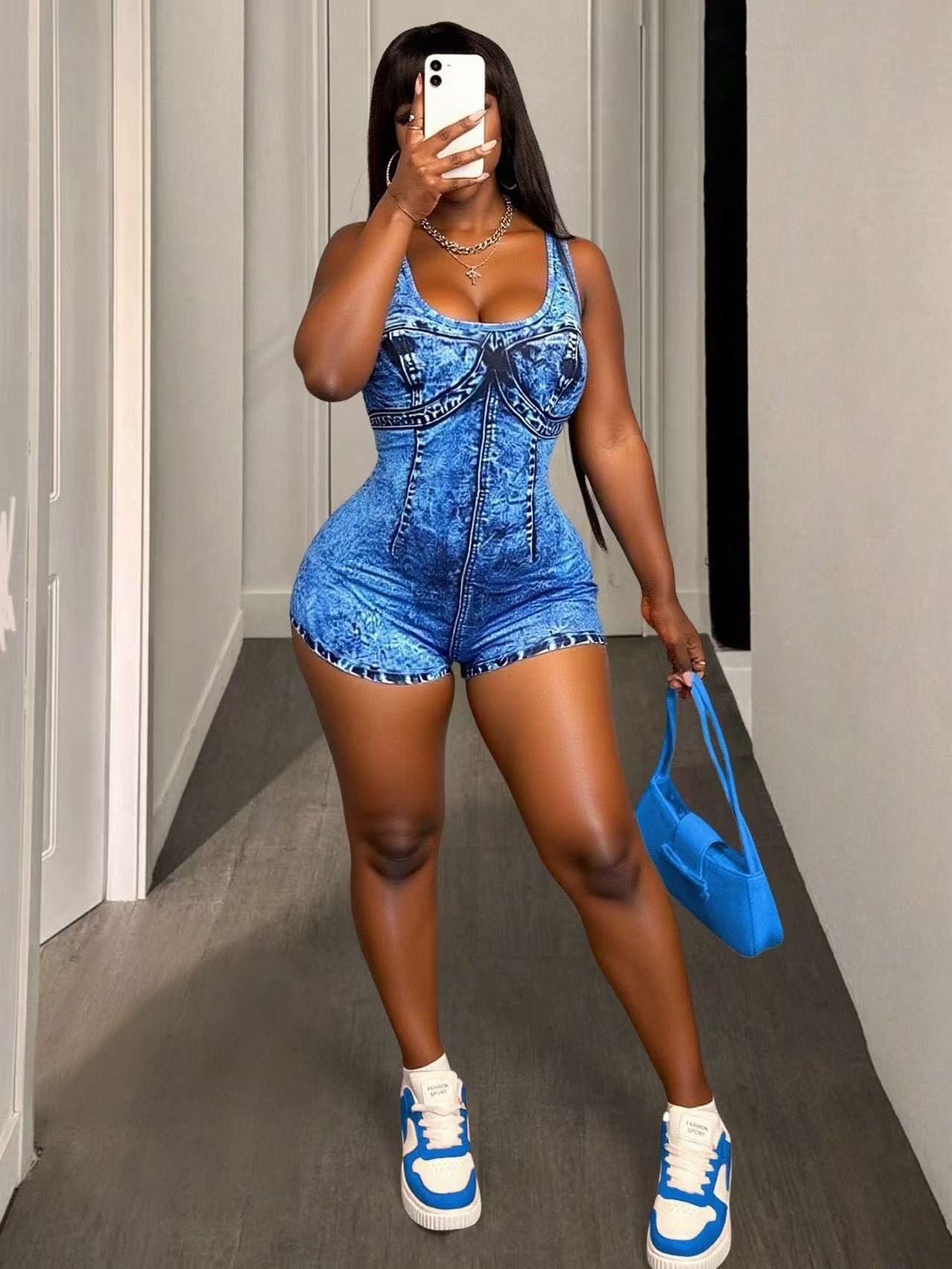 Women Clothing Denim Printing Sexy Suspenders Tube Top Backless Romper Women