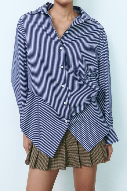 Women Clothing Patchwork Striped Poplin Loose Collared Long Sleeves Shirt