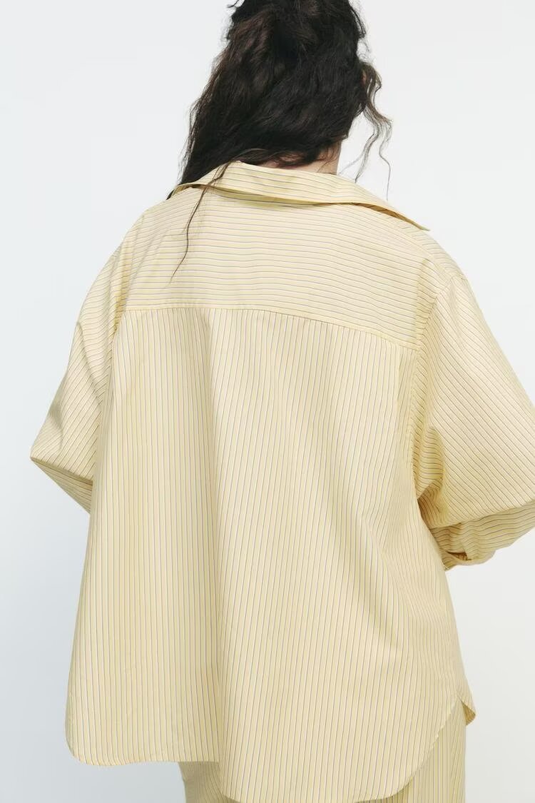Women Clothing Patchwork Striped Poplin Loose Collared Long Sleeves Shirt