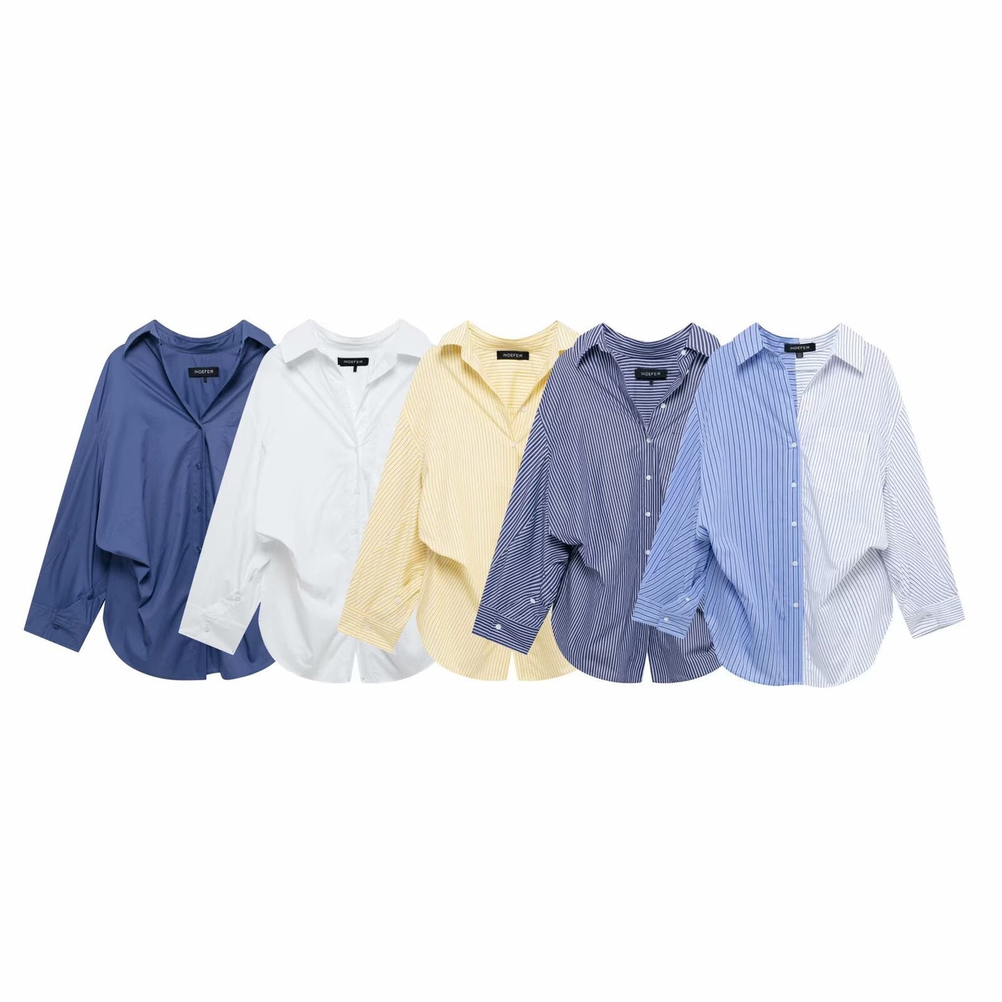 Women Clothing Patchwork Striped Poplin Loose Collared Long Sleeves Shirt
