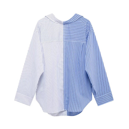 Women Clothing Patchwork Striped Poplin Loose Collared Long Sleeves Shirt