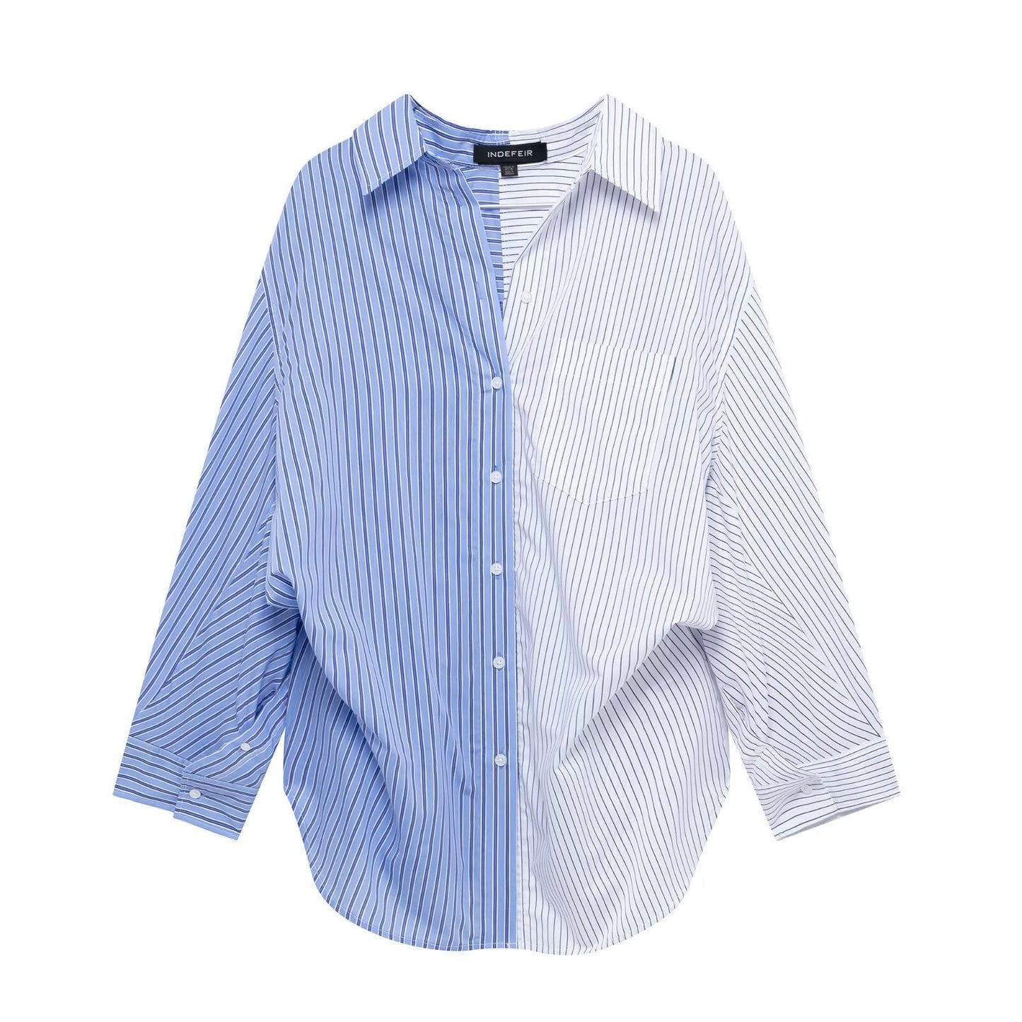 Women Clothing Patchwork Striped Poplin Loose Collared Long Sleeves Shirt