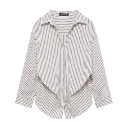 Women Clothing Patchwork Striped Poplin Loose Collared Long Sleeves Shirt