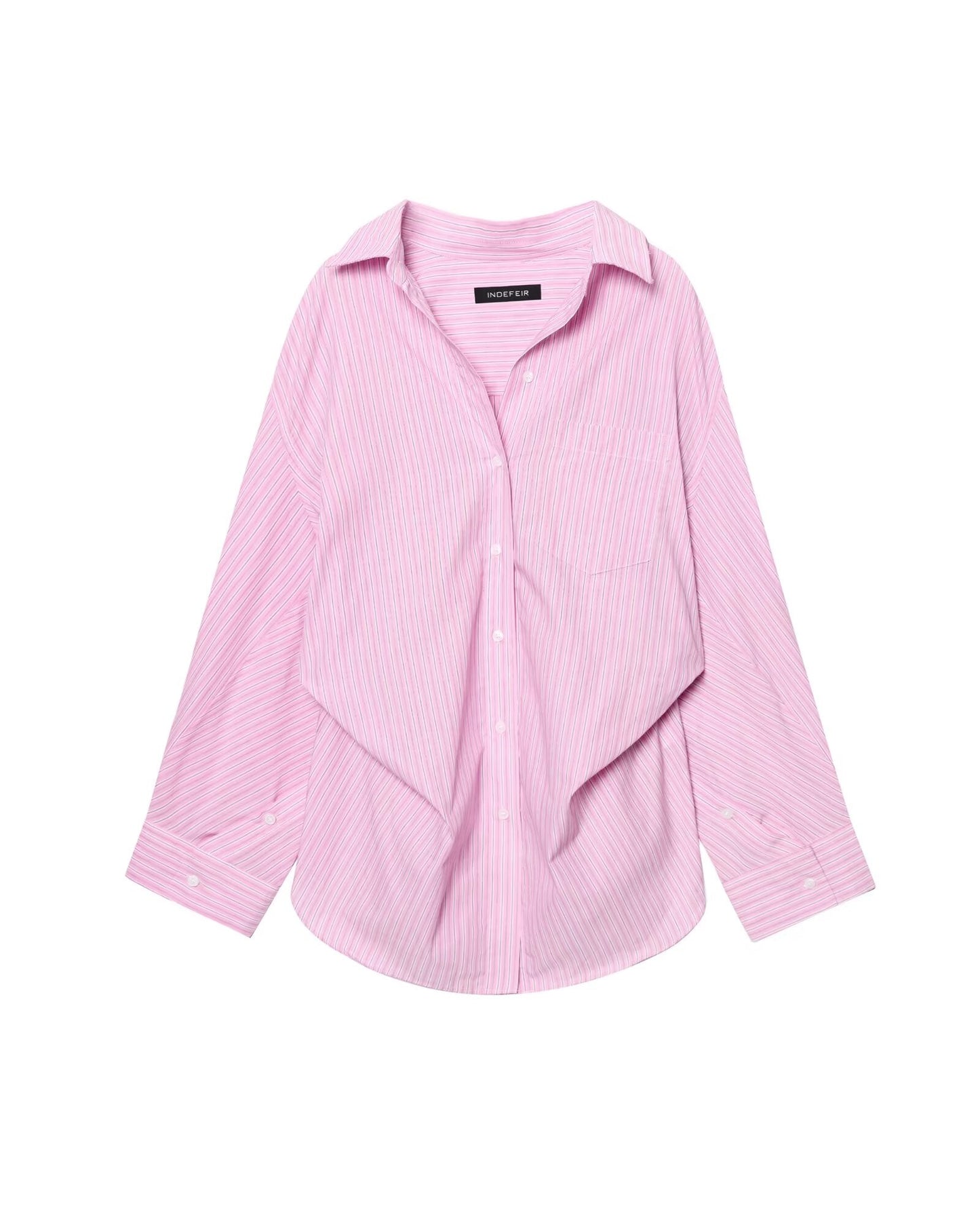 Women Clothing Patchwork Striped Poplin Loose Collared Long Sleeves Shirt