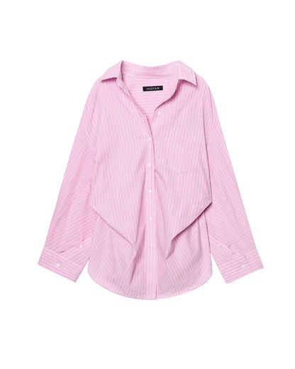 Women Clothing Patchwork Striped Poplin Loose Collared Long Sleeves Shirt