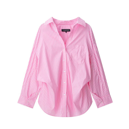 Women Clothing Patchwork Striped Poplin Loose Collared Long Sleeves Shirt