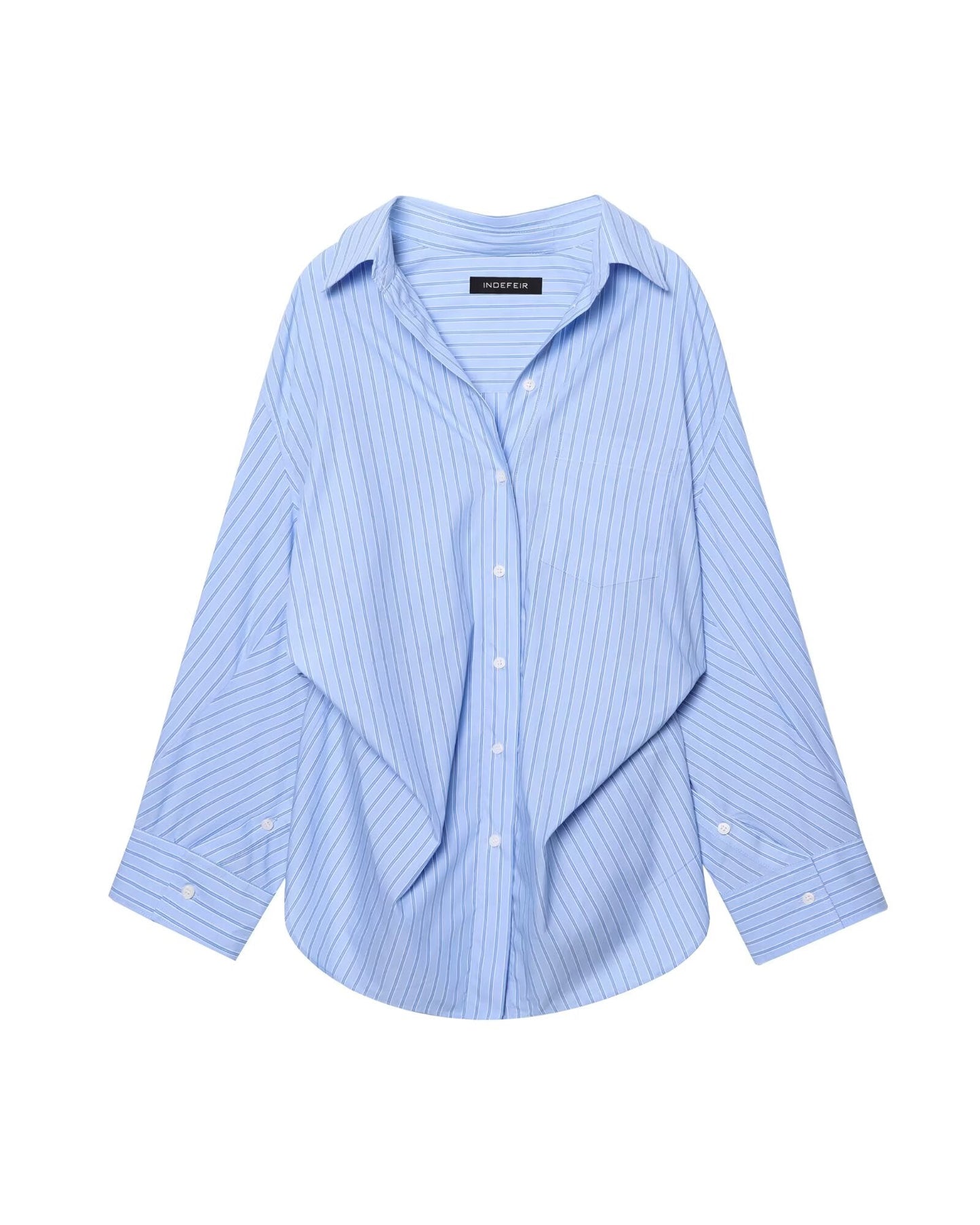 Women Clothing Patchwork Striped Poplin Loose Collared Long Sleeves Shirt