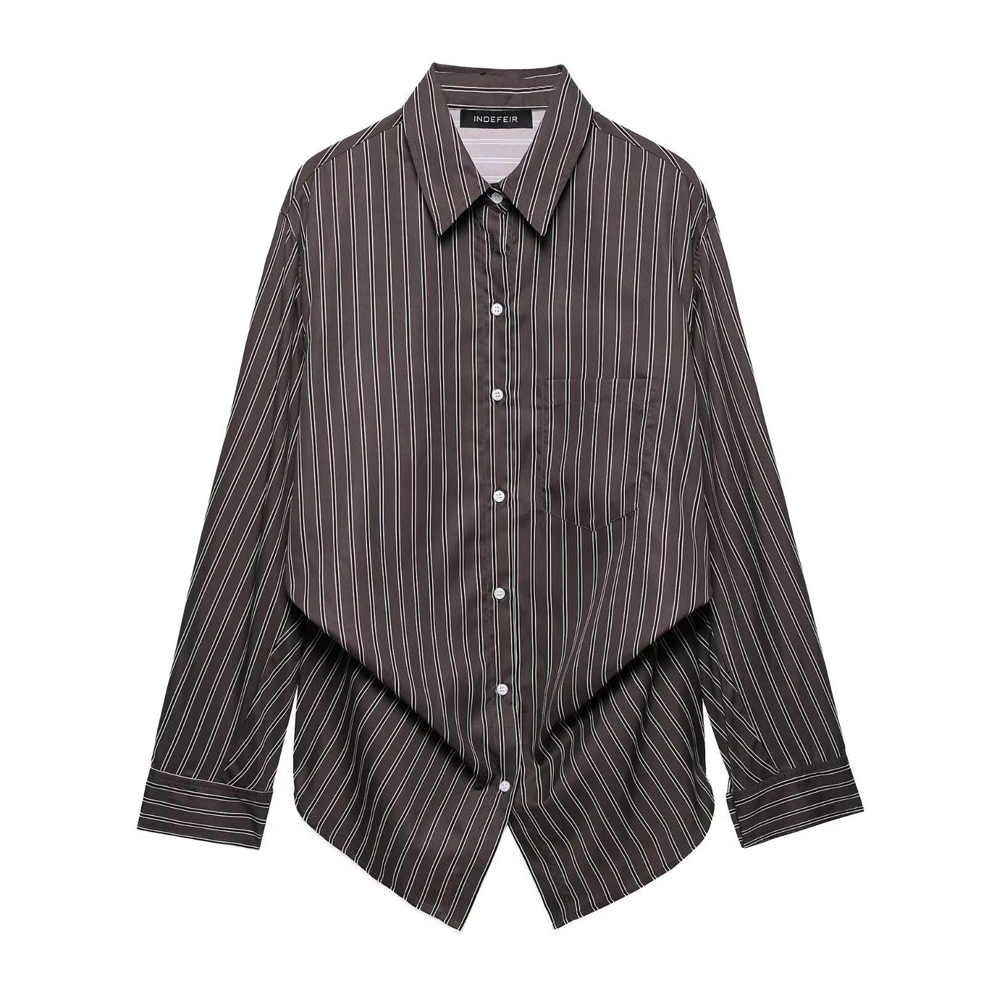 Women Clothing Patchwork Striped Poplin Loose Collared Long Sleeves Shirt