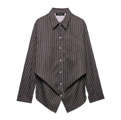 Women Clothing Patchwork Striped Poplin Loose Collared Long Sleeves Shirt