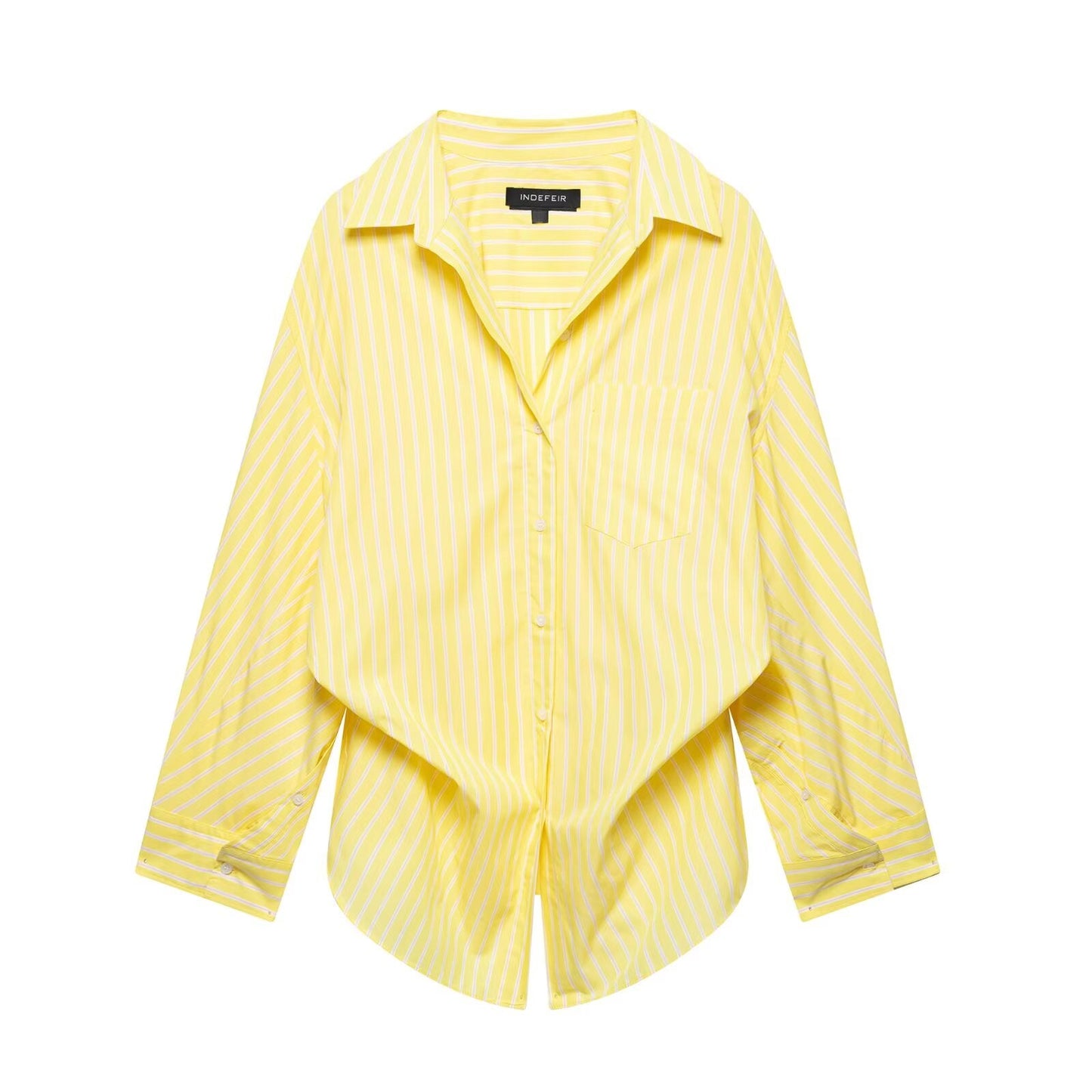 Women Clothing Patchwork Striped Poplin Loose Collared Long Sleeves Shirt