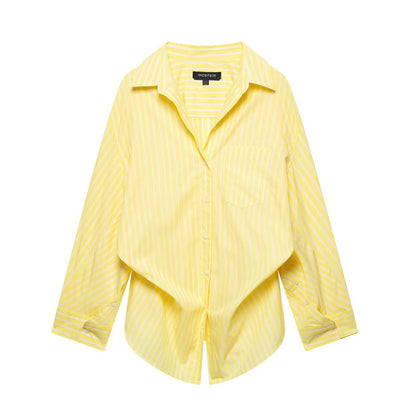 Women Clothing Patchwork Striped Poplin Loose Collared Long Sleeves Shirt