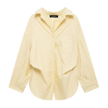 Women Clothing Patchwork Striped Poplin Loose Collared Long Sleeves Shirt