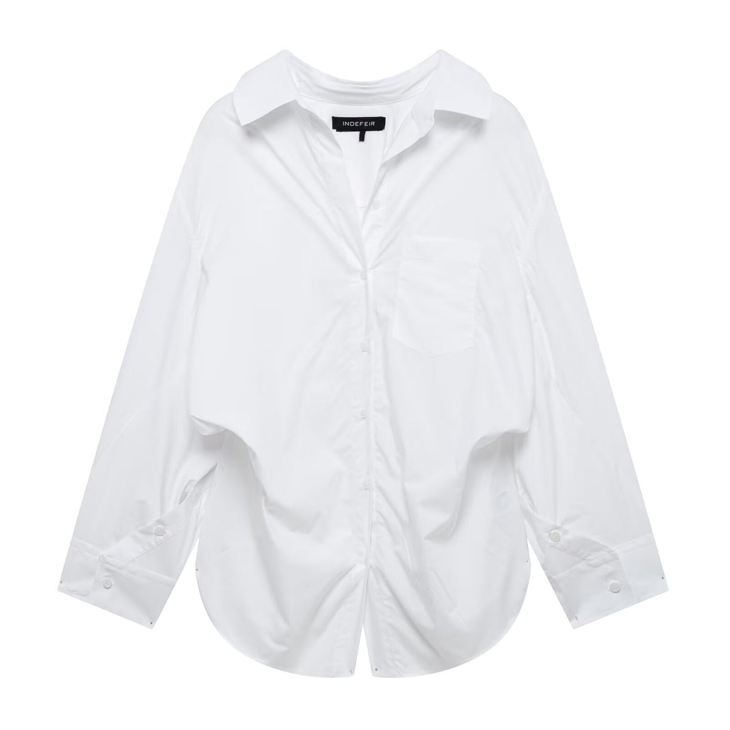 Women Clothing Patchwork Striped Poplin Loose Collared Long Sleeves Shirt