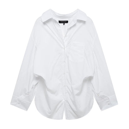 Women Clothing Patchwork Striped Poplin Loose Collared Long Sleeves Shirt