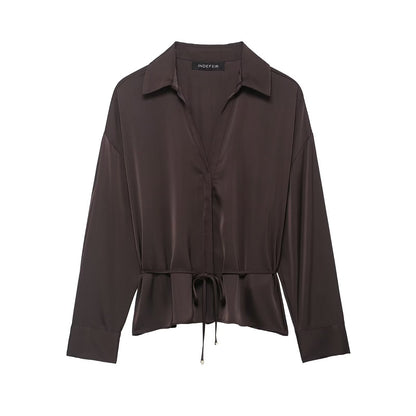 Women Clothing Summer All Matching with Belt Silk Satin Textured Shirt