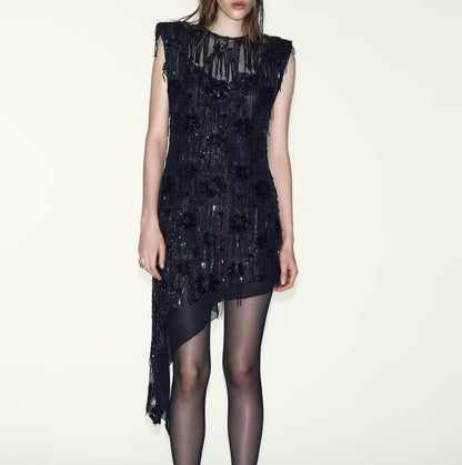 Women Clothing Spring Sequin Asymmetric Sleeveless Slim Dress