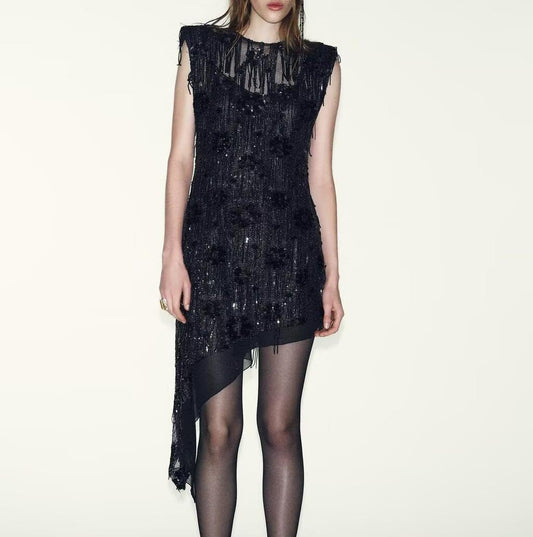 Women Clothing Spring Sequin Asymmetric Sleeveless Slim Dress