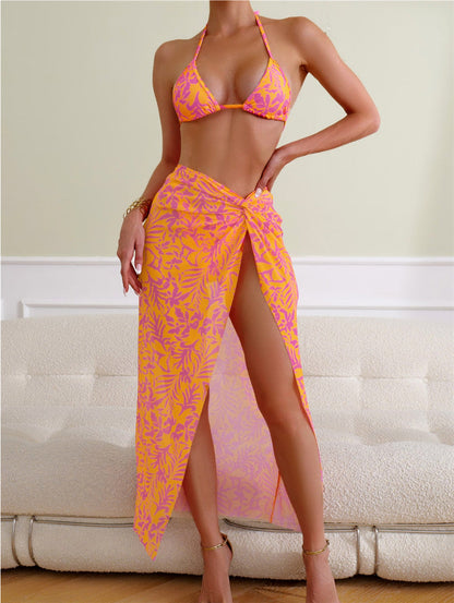 Women Printed Sexy Lace up Backless Beach Gauze Three Piece Split Swimsuit