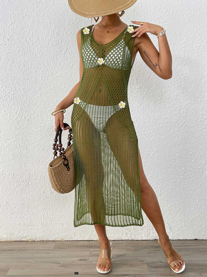 Women Clothing Sexy Cutout Woven Shirt Vest Beach Cover Up Long Sexy Slit Dress