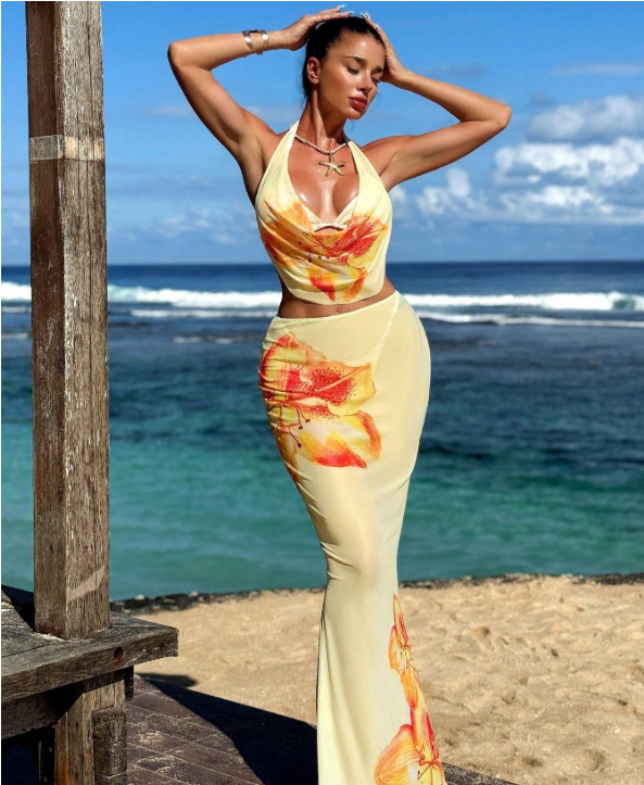 Summer Elegant Graceful Floral Print Top Slim Fit Blouse Dress Three Piece Sets Women High Grade