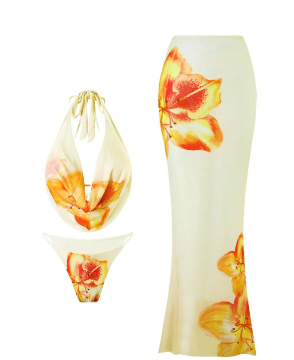 Summer Elegant Graceful Floral Print Top Slim Fit Blouse Dress Three Piece Sets Women High Grade