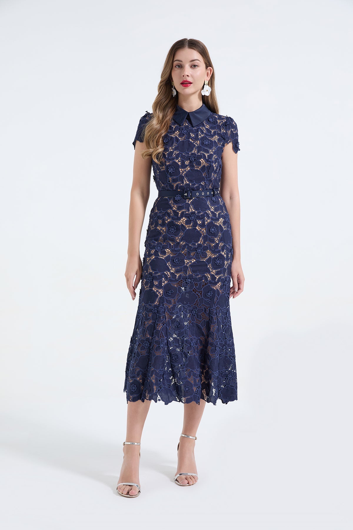 Heavy Industry Lace Three Dimensional Hollow Flower Lace Patchwork Shirt Collar Slim Fish Tail Dress