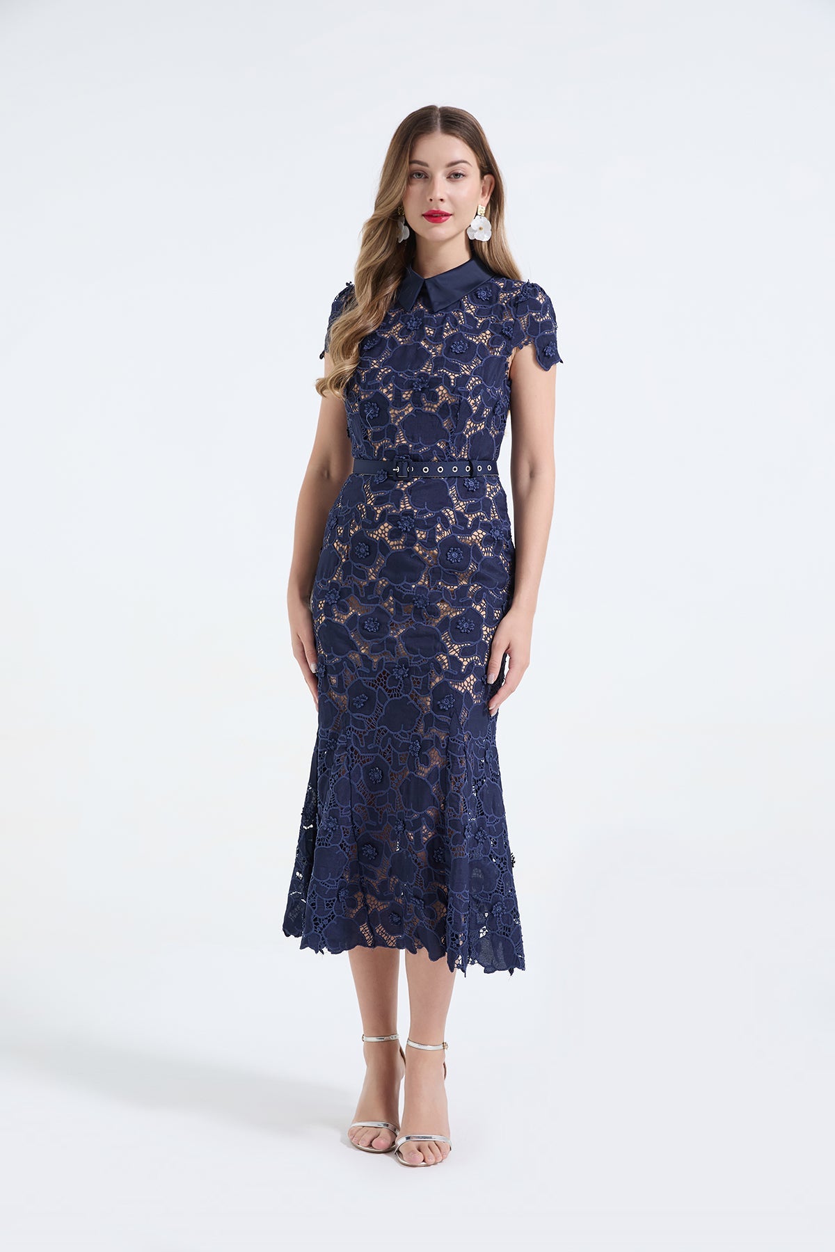 Heavy Industry Lace Three Dimensional Hollow Flower Lace Patchwork Shirt Collar Slim Fish Tail Dress