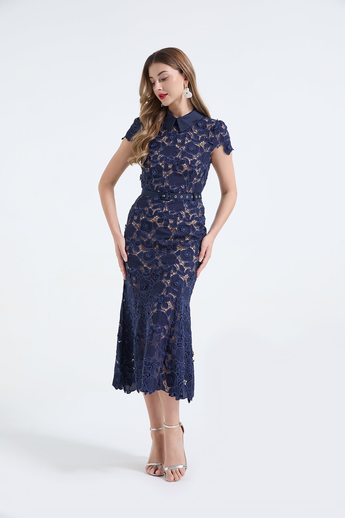 Heavy Industry Lace Three Dimensional Hollow Flower Lace Patchwork Shirt Collar Slim Fish Tail Dress