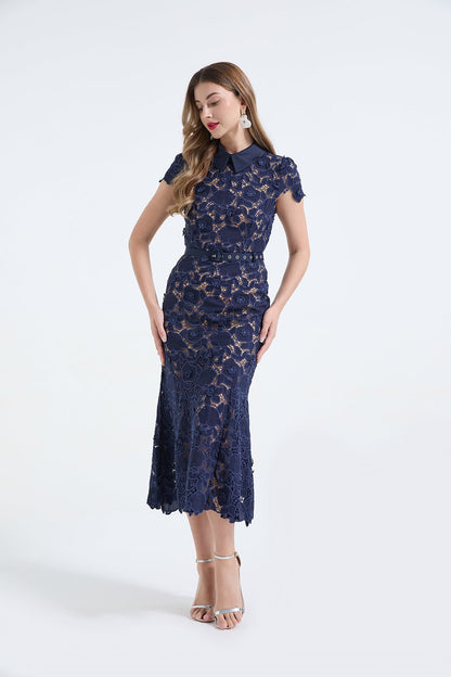 Heavy Industry Lace Three Dimensional Hollow Flower Lace Patchwork Shirt Collar Slim Fish Tail Dress