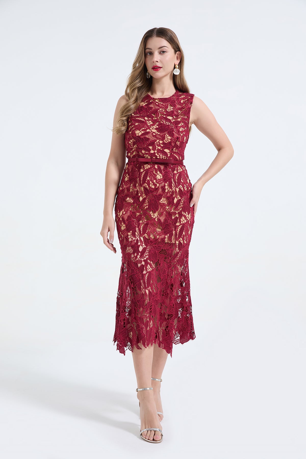 Heavy Industry Three Dimensional Water Soluble Lace Hollow Out Sleeveless Waist Fish Tail Dress Slim Fit High Waist Dress