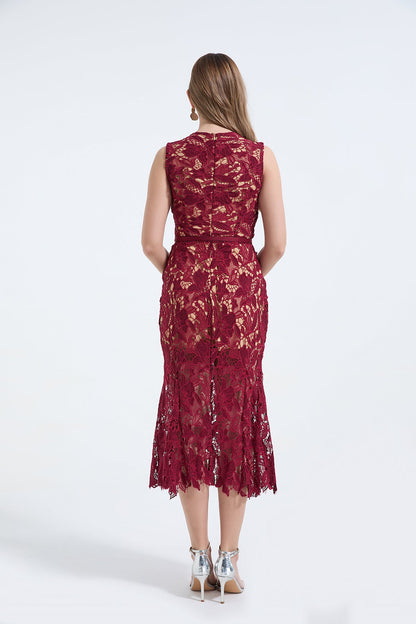 Heavy Industry Three Dimensional Water Soluble Lace Hollow Out Sleeveless Waist Fish Tail Dress Slim Fit High Waist Dress