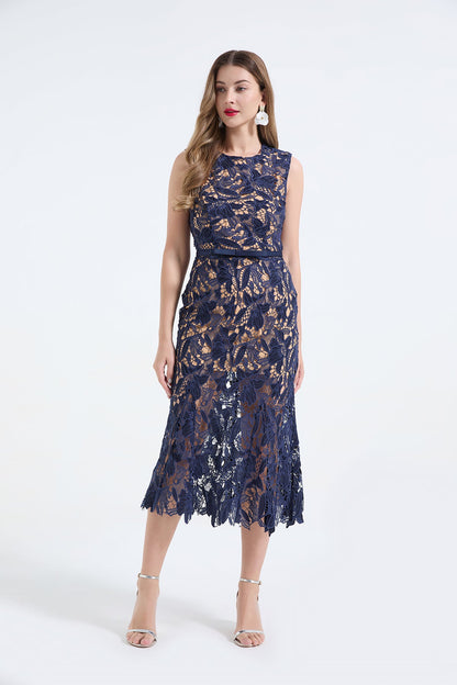 Heavy Industry Three Dimensional Water Soluble Lace Hollow Out Sleeveless Waist Fish Tail Dress Slim Fit High Waist Dress