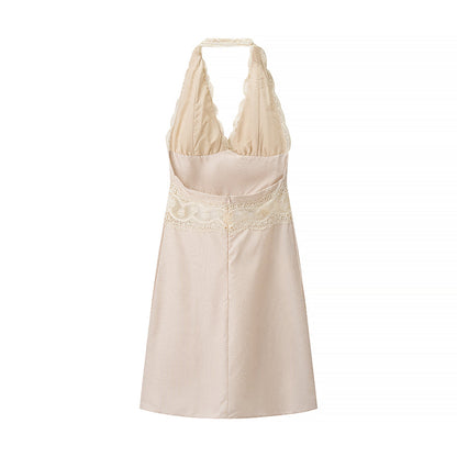 Women Clothing Spring Sexy Houndstooth Lace Stitching Hanging Collar Dress