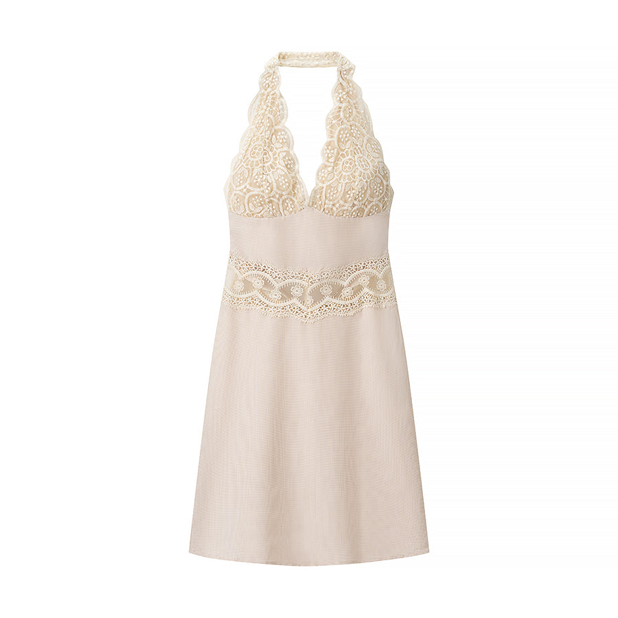 Women Clothing Spring Sexy Houndstooth Lace Stitching Hanging Collar Dress