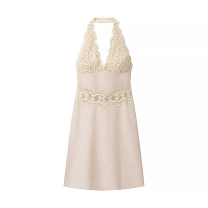 Women Clothing Spring Sexy Houndstooth Lace Stitching Hanging Collar Dress