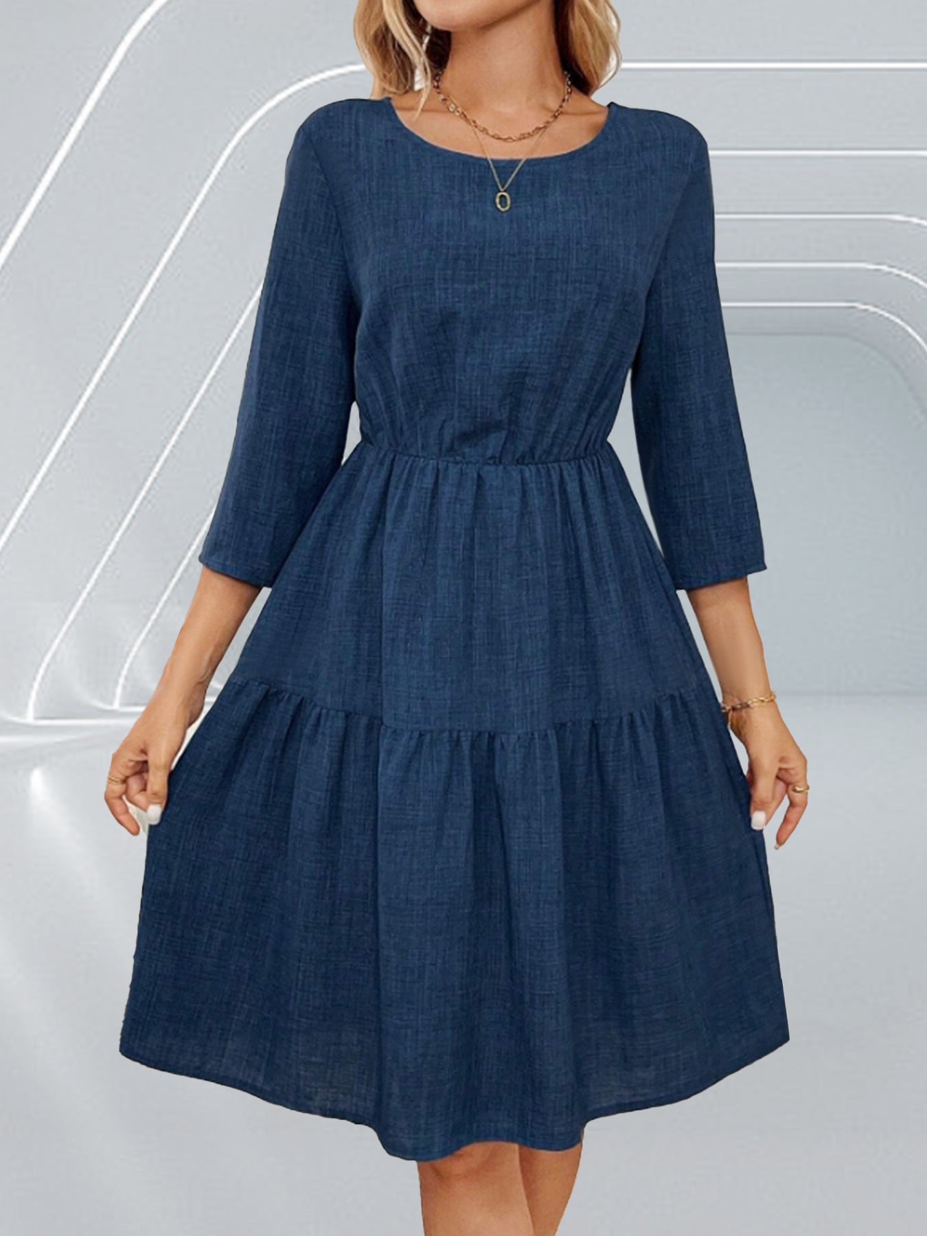 Spring Summer Women Tight Waist 3/4 Sleeve round Neck Dress