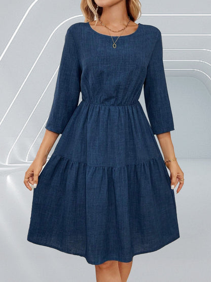Spring Summer Women Tight Waist 3/4 Sleeve round Neck Dress