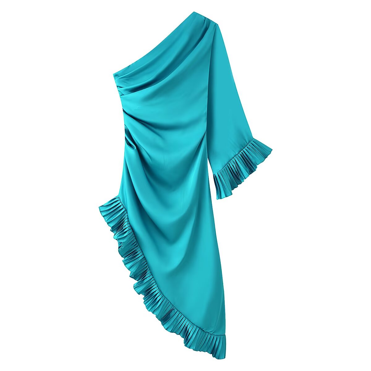 Women Clothing Spring Sexy Satin Pleated Ruffled Shoulder One Sleeve Slim Dress