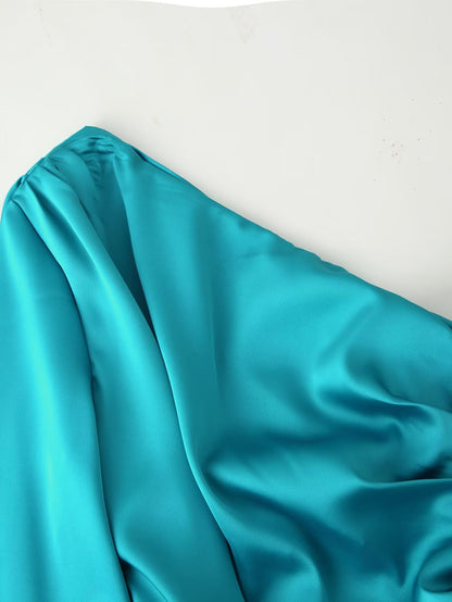 Women Clothing Spring Sexy Satin Pleated Ruffled Shoulder One Sleeve Slim Dress