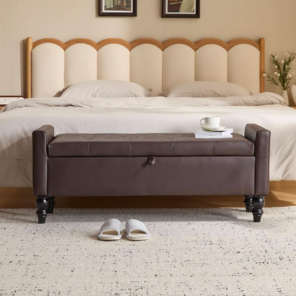 Brown Genuine Leather Storage Ottoman Bench Bedside