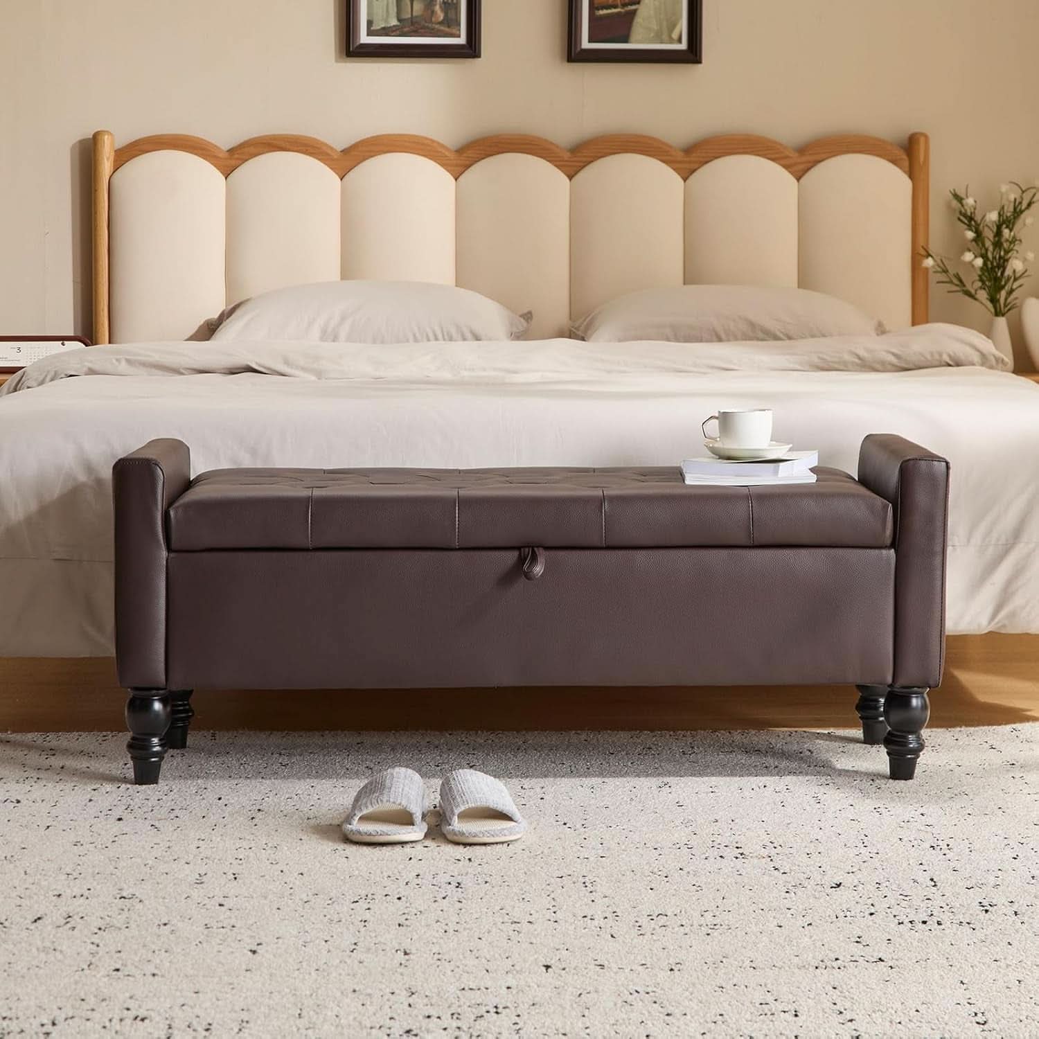 Brown Genuine Leather Storage Ottoman Bench Bedside