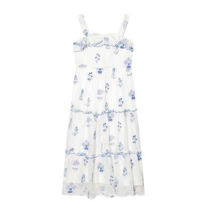 Gentle Sweet Lotus Leaf Lace up Embroidered off the Shoulder Slip Dress Dress Summer Slim Youthful Holiday Midi Dress